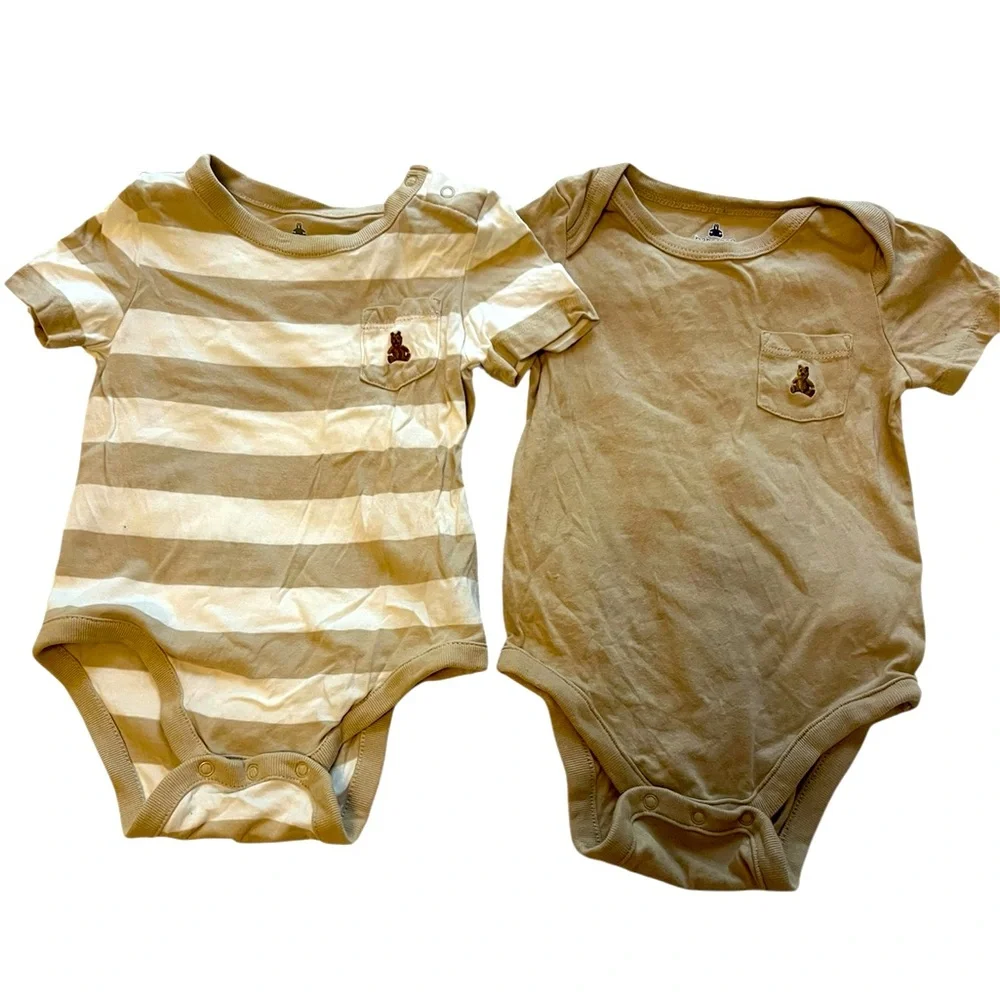 2 Baby Gap Short-Sleeve Stripes Neutral Tan Bodysuit Onesie